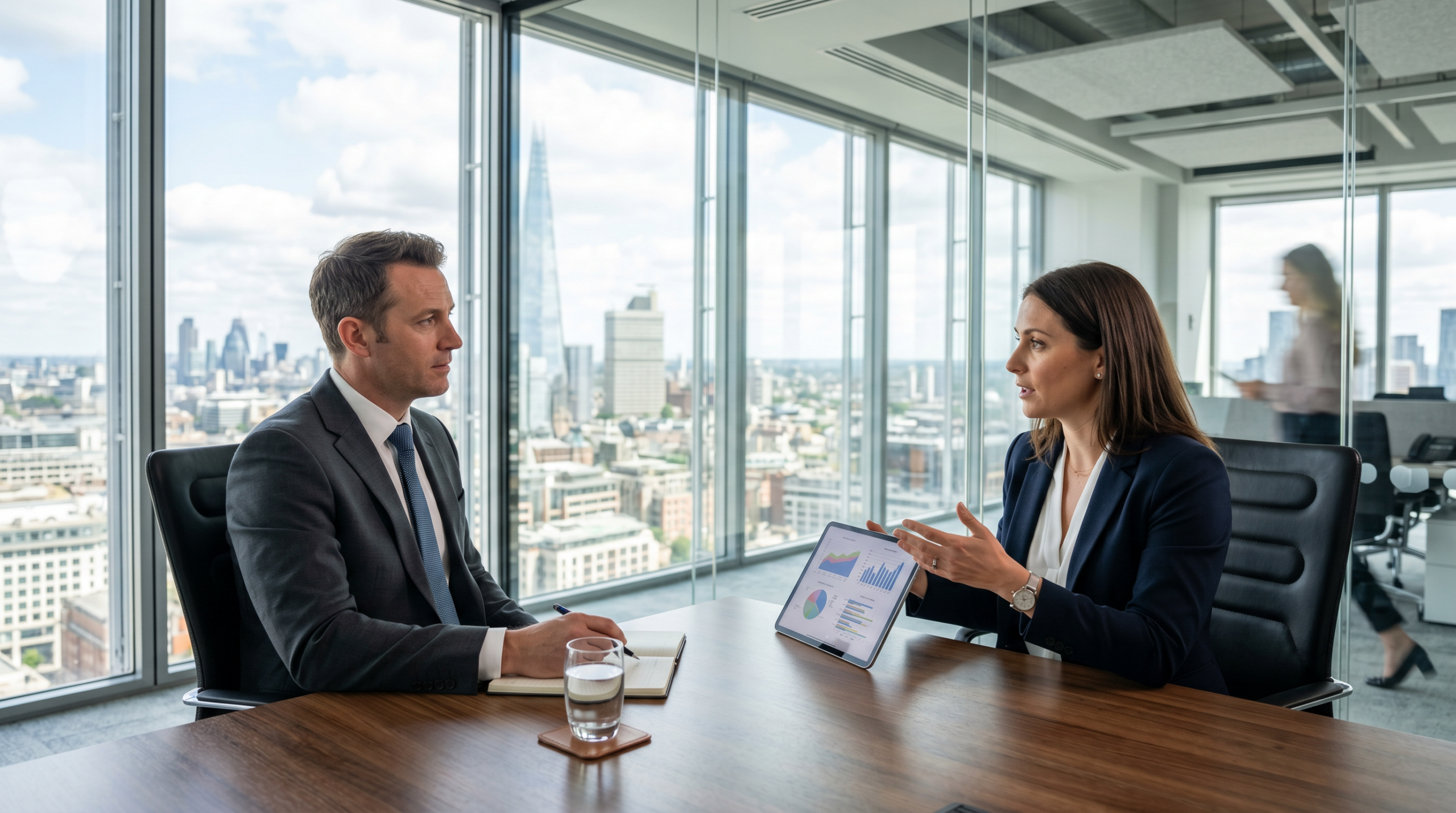 2026 연봉 협상 테이블에서 두 직장인이 마주 앉아 급여 협의를 진행하는 모습